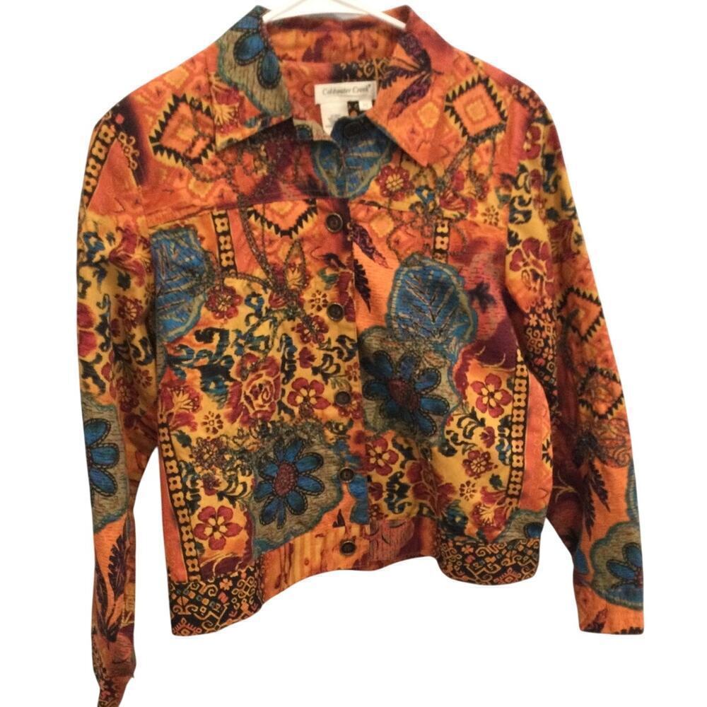 Coldwater Creek Cotton Embroidered Beaded Jacket Patchwork Fairy Art to Wear PS